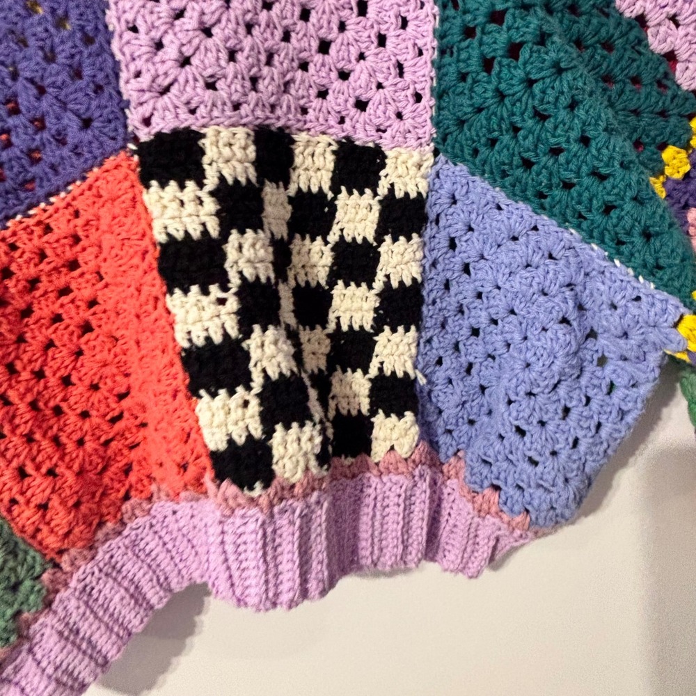 Handmade Crochet Patchwork Sweater Rainbow Granny Square Checkerboard Cropped - Picture 3 of 10